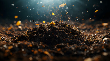An Elaborate 3D Visualization of Organic Compost Featuring Rich Dark Earth Texture and Tiny Organic Debris that Highlights Ecological Significance