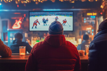 Winter sports. Fans watch the hockey championship in a bar on a TV screen. rejoicing at the team's victory, raising his hands up. Sports competitions in winter.