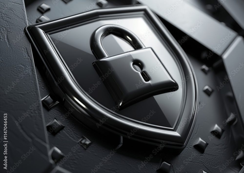 Poster 3d rendering of a shield with a padlock icon on a black background, representing the concept of secu