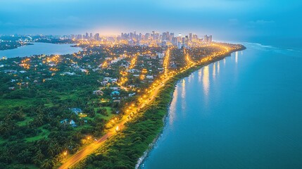 Obraz premium Aerial view of a coastal city at dusk, showcasing lights along the shoreline and skyline.