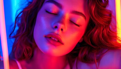 Fototapeta premium Serene portrait of a young woman with closed eyes illuminated by multicolored light.