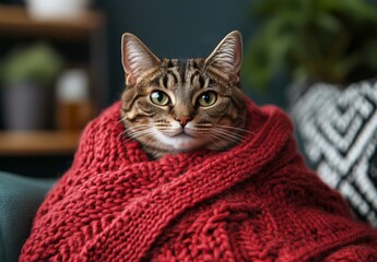 Cozy cat wrapped in a warm knit scarf resting indoors during a chilly afternoon