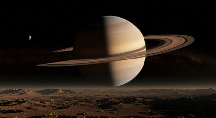 暗い宇宙に浮かぶ土星と焼けた大地