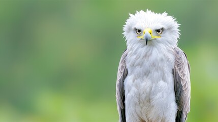 Close-up of a white eagle with ruffled feathers against a blurred green background.