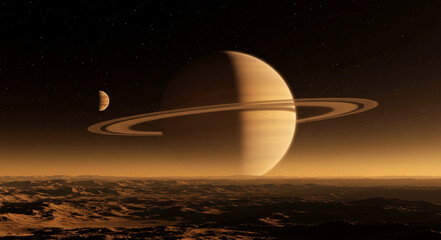 黄色い大気と地平の先に見える土星とその衛星 © Girly Goatee