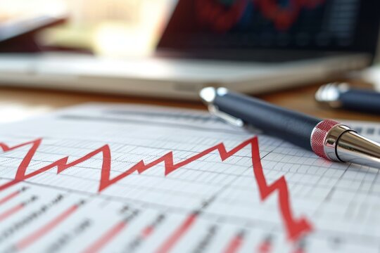 Red arrow is pointing down on a business graph report showing negative growth with a pen and laptop in the background
