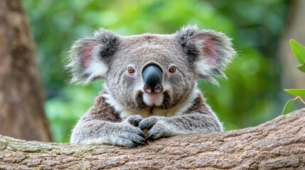 Fototapeta premium A close-up shot of a fluffy koala resting its paws on a tree branch while looking directly at the camera in a lush green forest.