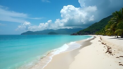 A breathtaking aerial view of a pristine tropical beach unfolds, showcasing a pristine stretch of golden sand bordered by crystal clear turquoise waters. Lush palm trees line the shoreline