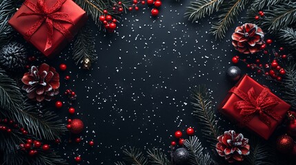 Festive Christmas Decorations with Red Gifts and Pine Cones