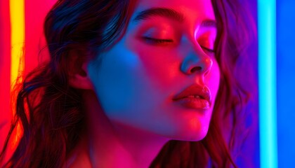 Naklejka premium Serene portrait of a young woman with closed eyes illuminated by multicolored light.
