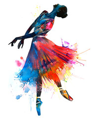 チュチュを着たバレーダンサー。芸術的でカラフルでダイナミックなバレリーナのシルエットの水彩画。（Ballet dancer in a tutu. Artistic, colorful and dynamic ballerina silhouette watercolor painting.）
