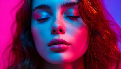 Obraz premium Serene portrait of a young woman with closed eyes illuminated by multicolored light.