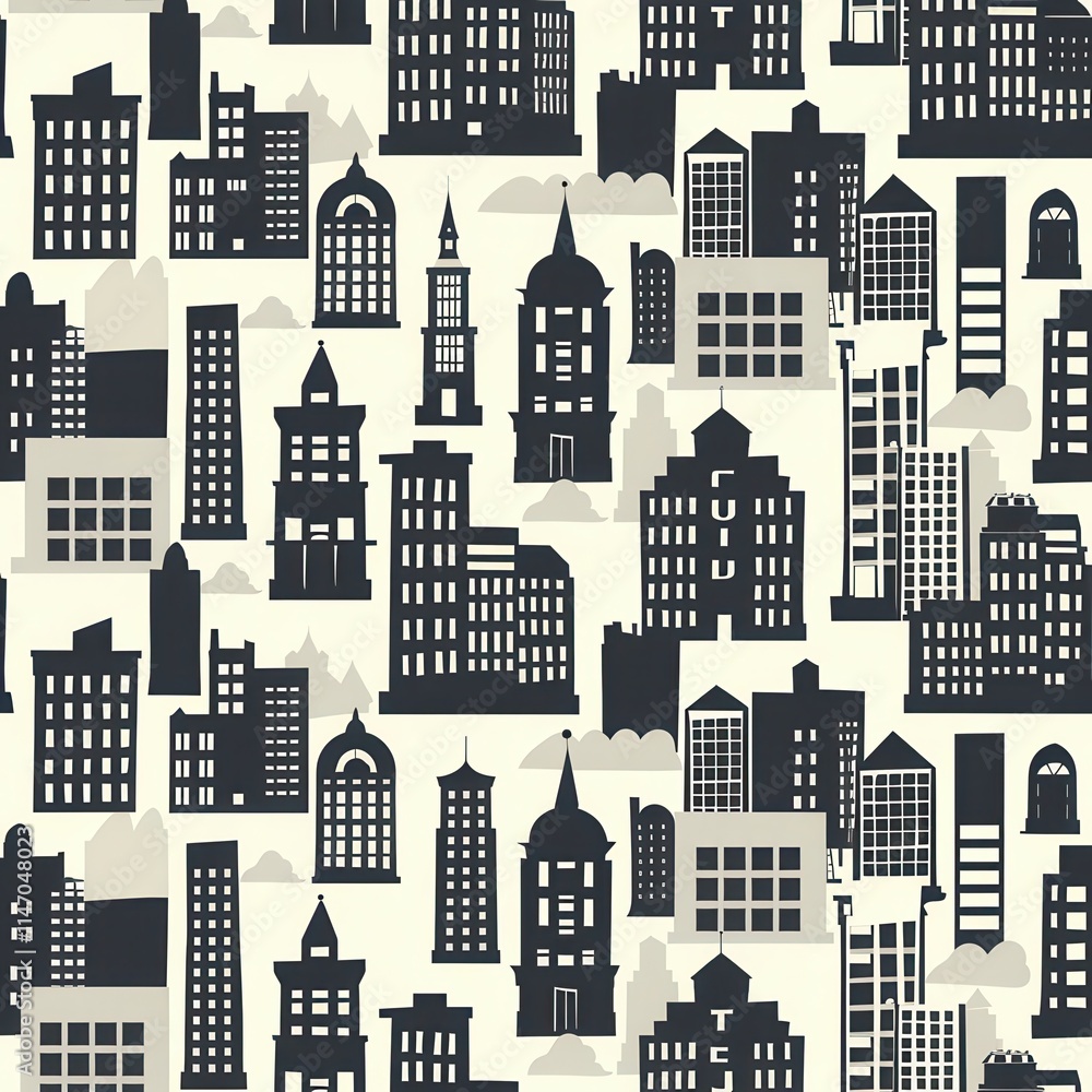 Poster Urban skyline illustration featuring various building designs and shapes with a monochromatic color scheme. Generative AI