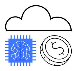 Cloud representing data storage, blue AI chip symbolizing artificial intelligence, and coin representing digital currency. Ideal for tech, finance, AI development, cloud services, digital economy