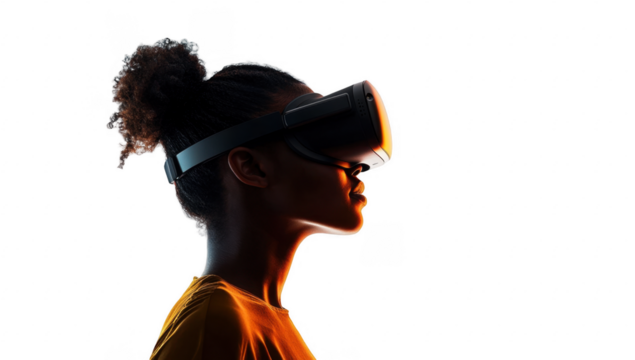 Woman wearing vr glasses isolated on white, transparent