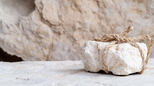 Wrapped rough-hewn rock on stone surface against a blurred rocky background.