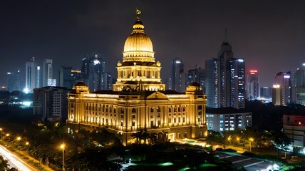Fototapeta premium A majestic, illuminated building stands tall against the backdrop of a modern cityscape, exuding an aura of power and prestige.