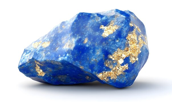 Polished blue lapis with gold flecks on white.