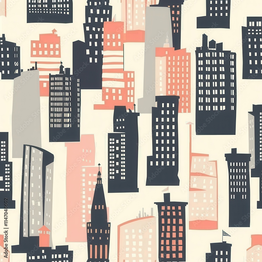 Fototapete Colorful urban skyline pattern with various building shapes and styles in a modern design. Generative AI
