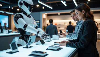 Engaging robot assisting customers in a modern tech showroom during a busy afternoon