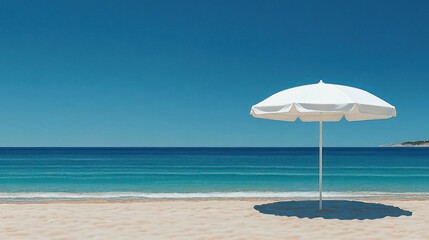 White beach umbrella on sandy shore.