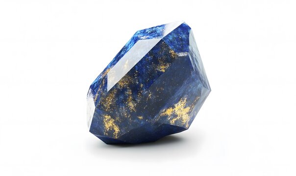 Isolated faceted lapis lazuli gem with gold flecks on white background.