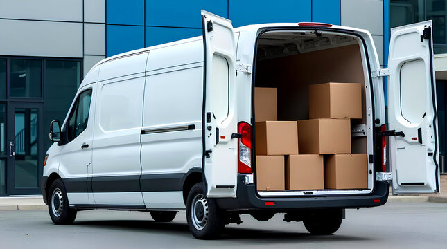 Open car trunk with moving boxes outdoors, cardboard or cardbox courier dealer deliver to expedite in express to home, percel or package delivering service with van move logistic office business job