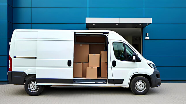 Open car trunk with moving boxes outdoors, cardboard or cardbox courier dealer deliver to expedite in express to home, percel or package delivering service with van move logistic office business auto