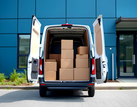 Open car trunk with moving boxes outdoors, cardboard or cardbox courier dealer deliver to expedite in express to home, percel or package delivering service with van move logistic business job office