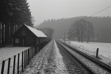Fototapeta premium Wooden House Next to Fenced Rural Railway Tracks on Snowy Cloudy Winters Day Black White