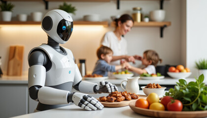Robotic assistant serves delicious treats in a modern kitchen with lively family interactions
