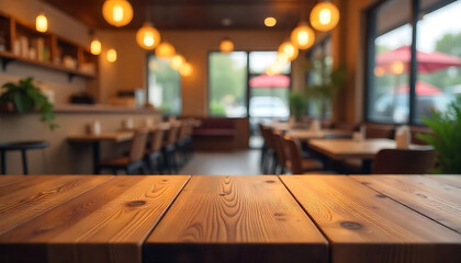 The empty wooden table top with blur background of restaurant. Exuberant image.