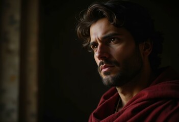 Obraz premium A man with a beard and a red robe looks up in contemplation.