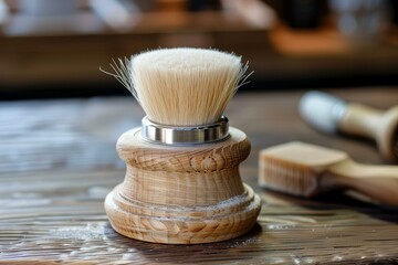 Shaving brush is resting on a wooden countertop in a barber shop, surrounded by talcum powder