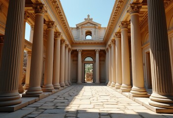 Obraz premium A long corridor lined with columns, leading to an open doorway and a view of a green space beyond.