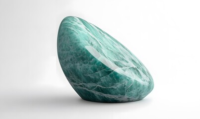 Polished green stone with white veins on white backdrop.
