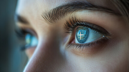 Closeup photography of a christian cross reflecting in a woman's eye. female person thinking about belief in jesus christ and his sacrifice, holy bible believer, blessed with grace and forgiveness.