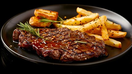 Tasty Grilled Organic Beef Steak with Crispy French Fries, Perfectly Cooked for a Delicious, Savory Meal of Rich Flavors and Texture