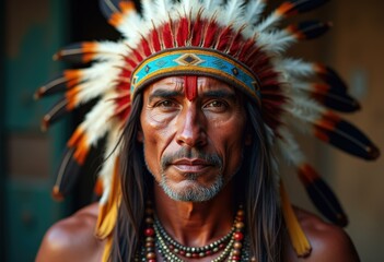 Obraz premium Native American man wearing a traditional headdress and beaded necklace