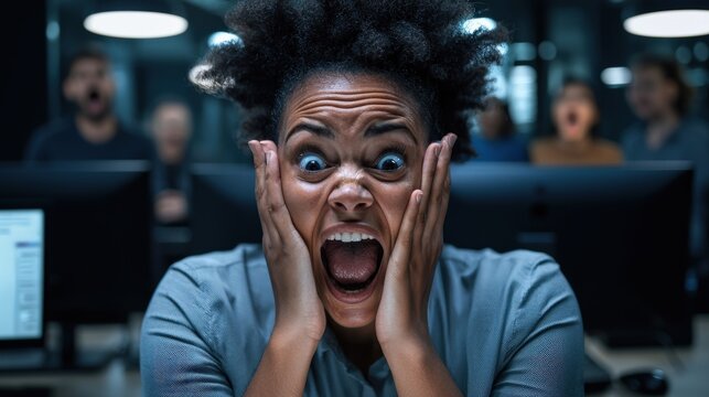 A gloomy office with disengaged employees, blank faces staring at their screens, and a manager shouting in frustration