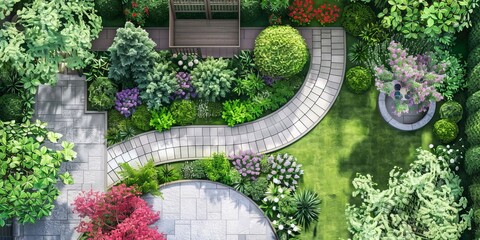 A stunning aerial view of a meticulously landscaped garden featuring winding pathways, vibrant flowers, and lush greenery.