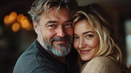 Mature bearded husband man and his beautiful wife woman with blonde hair hugging and smiling. happy family, lovely couple, male and female spouse in marriage, love and affection, pair romance.