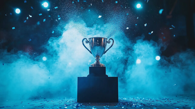 Shiny silver trophy placed on the podium floor, success concept, confetti falling from above, blue smoke and glow. prize or reward for the winner and champion ceremony, contest triumph stage or floor.