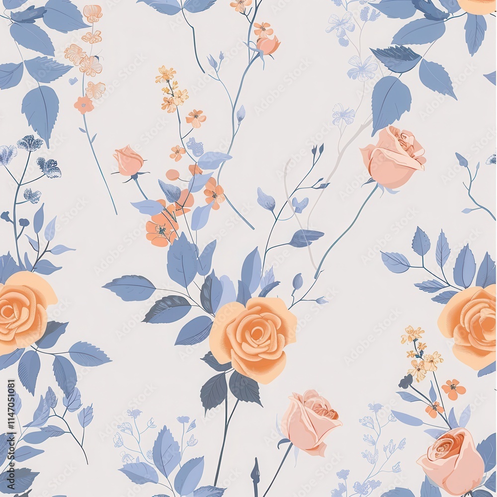 Poster floral pattern featuring soft orange roses and delicate blue leaves on a light background. generativ