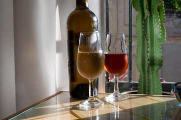 Sherry fino, manzanilla, olorosso wine, jerez fortified wine made from palomino white grape served in Jerez de la Frontera, Cadiz, Andalusia, Spain