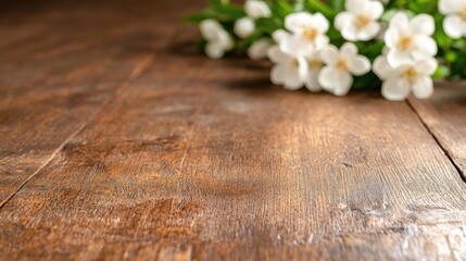Rustic wooden table with white flowers.