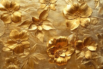 Fototapeta premium Golden flowers embossing gold caring surface background art painting