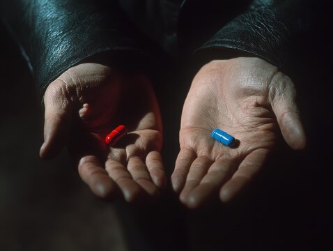 Hands offering choice between red and blue pill representing matrix dilemma. Election concept