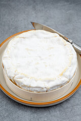 french soft Camembert cheese, original Camembert de Normandie, close up with white mold