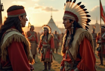 Fototapeta premium Native American men in traditional clothing stand in a field.